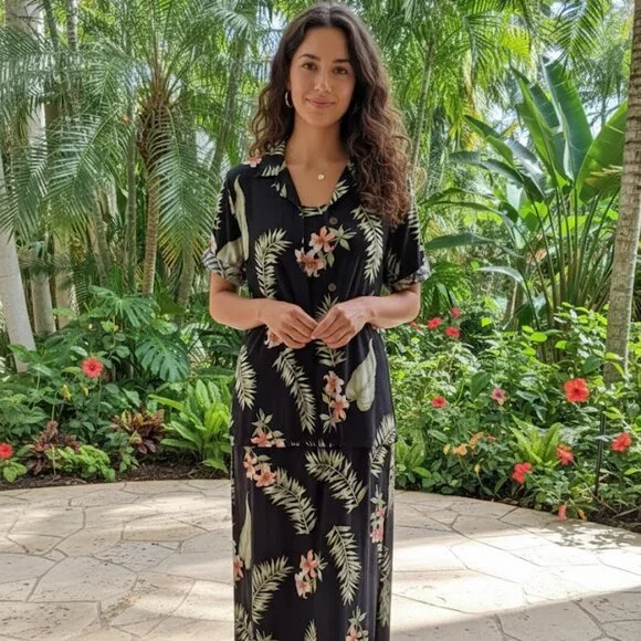 Tahiti Reef Club Vintage Hawaiian Tropical Jacket and Double Slit Dress Set - Picture 1 of 11